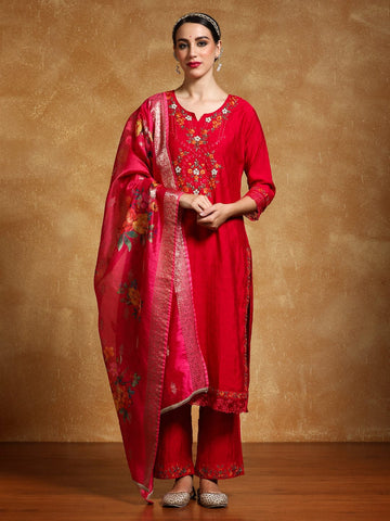 Varanga Women Floral Motif Thread Embroidered Yoke Kurta with Trouser & Dupatta